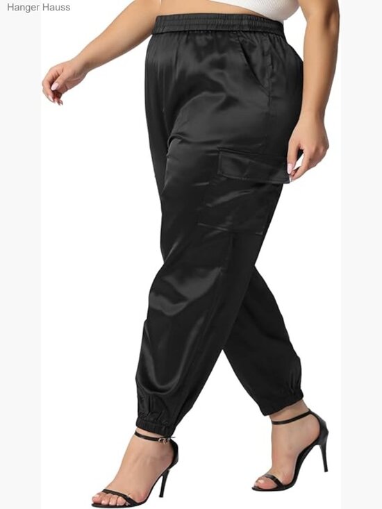 Pants - Plus Size Satin Joggers Elastic Waist Athleisure Cargo Pants with Pockets